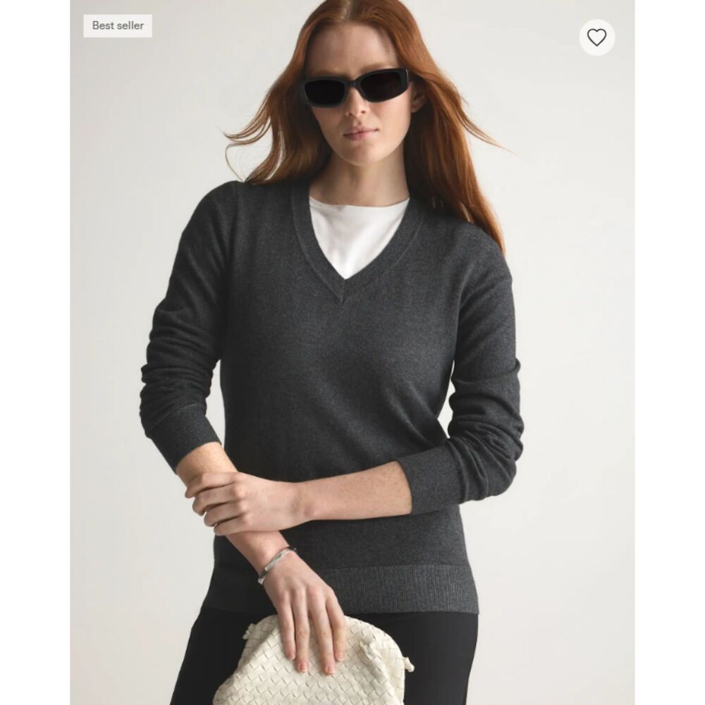 Quince Cotton V-Neck Sweater Dark Grey | Medium